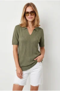Olalook Women's Khaki Viscose Polo Neck Openwork Flowy Knitwear Blouse - Image 4