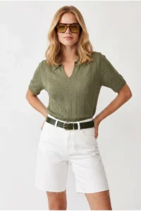 Olalook Women's Khaki Viscose Polo Neck Openwork Flowy Knitwear Blouse - Image 5
