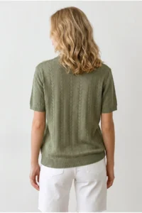 Olalook Women's Khaki Viscose Polo Neck Openwork Flowy Knitwear Blouse - Image 6