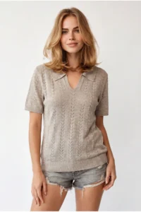 Olalook Women's Stone Viscose Polo Collar Openwork Flowy Knitwear Blouse - Image 4