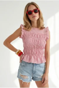 Olalook Women's Fuchsia Gimped Crop Gingham Woven Blouse - Image 2