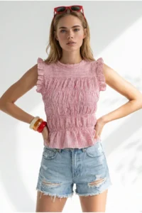 Olalook Women's Fuchsia Gimped Crop Gingham Woven Blouse - Image 3