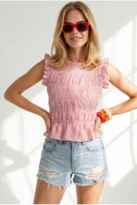 Olalook Women's Fuchsia Gimped Crop Gingham Woven Blouse - Image 4