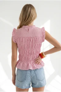 Olalook Women's Fuchsia Gimped Crop Gingham Woven Blouse - Image 5