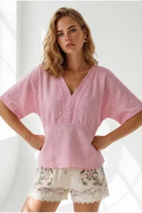 Olalook Women's Pink Boho Lace Detailed Flam Cotton Blouse