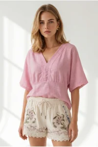 Olalook Women's Pink Boho Lace Detailed Flam Cotton Blouse - Image 2