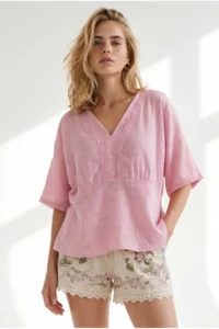 Olalook Women's Pink Boho Lace Detailed Flam Cotton Blouse - Image 3