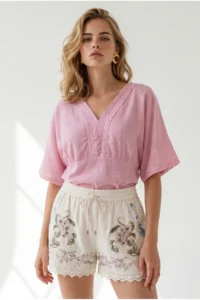 Olalook Women's Pink Boho Lace Detailed Flam Cotton Blouse - Image 4
