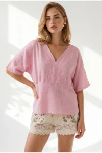 Olalook Women's Pink Boho Lace Detailed Flam Cotton Blouse - Image 5