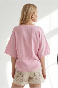 Olalook Women's Pink Boho Lace Detailed Flam Cotton Blouse - Image 6