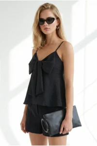 Olalook Women's Black Strap Adjustable Bow Detailed Pera Linen Blouse - Image 3