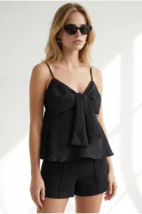 Olalook Women's Black Strap Adjustable Bow Detailed Pera Linen Blouse - Image 4