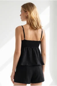 Olalook Women's Black Strap Adjustable Bow Detailed Pera Linen Blouse - Image 5