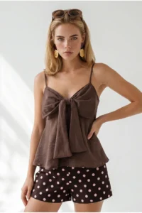 Olalook Women's Brown Strap Adjustable Bow Detailed Pera Linen Blouse - Image 4
