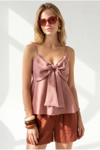 Olalook Women's Dusty Rose Strap Adjustable Bow Detailed Pera Linen Blouse - Image 3