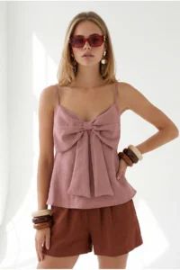 Olalook Women's Dusty Rose Strap Adjustable Bow Detailed Pera Linen Blouse - Image 4
