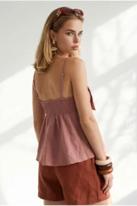 Olalook Women's Dusty Rose Strap Adjustable Bow Detailed Pera Linen Blouse - Image 5