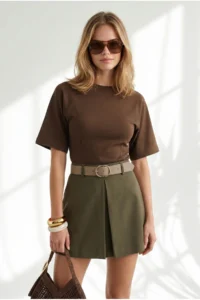 Olalook Women's Brown Fitted Waist Stitching Detailed Modal Buttoned Blouse - Image 2