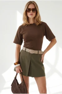 Olalook Women's Brown Fitted Waist Stitching Detailed Modal Buttoned Blouse - Image 3