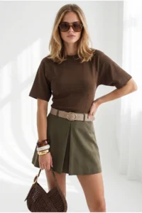 Olalook Women's Brown Fitted Waist Stitching Detailed Modal Buttoned Blouse - Image 4