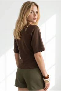Olalook Women's Brown Fitted Waist Stitching Detailed Modal Buttoned Blouse - Image 5