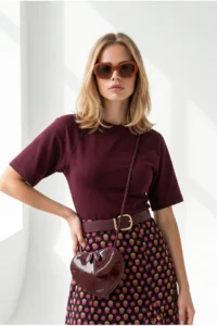 Olalook Women's Burgundy Waisted Stitching Detailed Modal Buttoned Blouse - Image 3