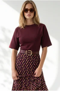 Olalook Women's Burgundy Waisted Stitching Detailed Modal Buttoned Blouse - Image 4