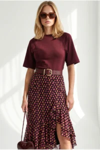 Olalook Women's Burgundy Waisted Stitching Detailed Modal Buttoned Blouse - Image 5