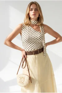 Olalook Women's Polka Dot Beige Neck Belted Polyamide Blouse - Image 2