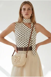 Olalook Women's Polka Dot Beige Neck Belted Polyamide Blouse - Image 3