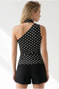 Olalook Women's Polka Dot Black Halter Belted Polyamide Blouse - Image 4