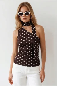Olalook Women's Polka Dot Brown Halter Belted Polyamide Blouse