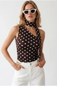Olalook Women's Polka Dot Brown Halter Belted Polyamide Blouse - Image 2
