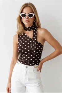 Olalook Women's Polka Dot Brown Halter Belted Polyamide Blouse - Image 3