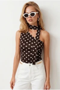Olalook Women's Polka Dot Brown Halter Belted Polyamide Blouse - Image 4