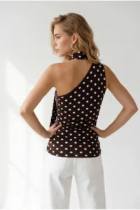 Olalook Women's Polka Dot Brown Halter Belted Polyamide Blouse - Image 5