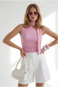 Olalook Women's Polka Dot Pink Halter Belted Polyamide Blouse - Image 3