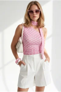 Olalook Women's Polka Dot Pink Halter Belted Polyamide Blouse - Image 4