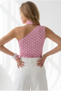 Olalook Women's Polka Dot Pink Halter Belted Polyamide Blouse - Image 5