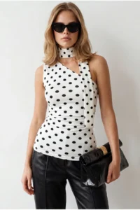 Olalook Women's Polka Dot White Neck Belted Polyamide Blouse