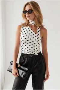 Olalook Women's Polka Dot White Neck Belted Polyamide Blouse - Image 2