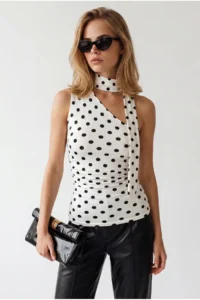Olalook Women's Polka Dot White Neck Belted Polyamide Blouse - Image 3
