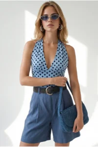 Olalook Women's Polka Dot Baby Blue Halter Neck Double Layer Polyamide Blouse - Image 2