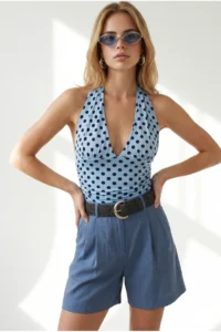 Olalook Women's Polka Dot Baby Blue Halter Neck Double Layer Polyamide Blouse - Image 4