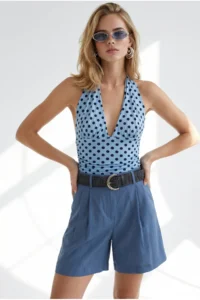 Olalook Women's Polka Dot Baby Blue Halter Neck Double Layer Polyamide Blouse - Image 5