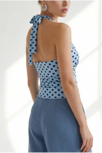 Olalook Women's Polka Dot Baby Blue Halter Neck Double Layer Polyamide Blouse - Image 6
