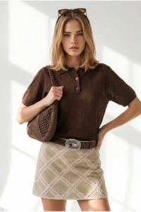 Olalook Women's Bitter Brown Polo Neck Floral Patterned Openwork Knitwear Blouse - Image 2