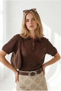 Olalook Women's Bitter Brown Polo Neck Floral Patterned Openwork Knitwear Blouse - Image 3