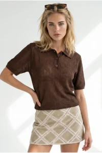 Olalook Women's Bitter Brown Polo Neck Floral Patterned Openwork Knitwear Blouse - Image 4