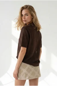 Olalook Women's Bitter Brown Polo Neck Floral Patterned Openwork Knitwear Blouse - Image 5